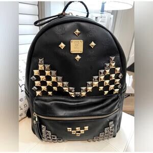 MCM Black Stark with Gold and Silver Pyramid Studs Backpack